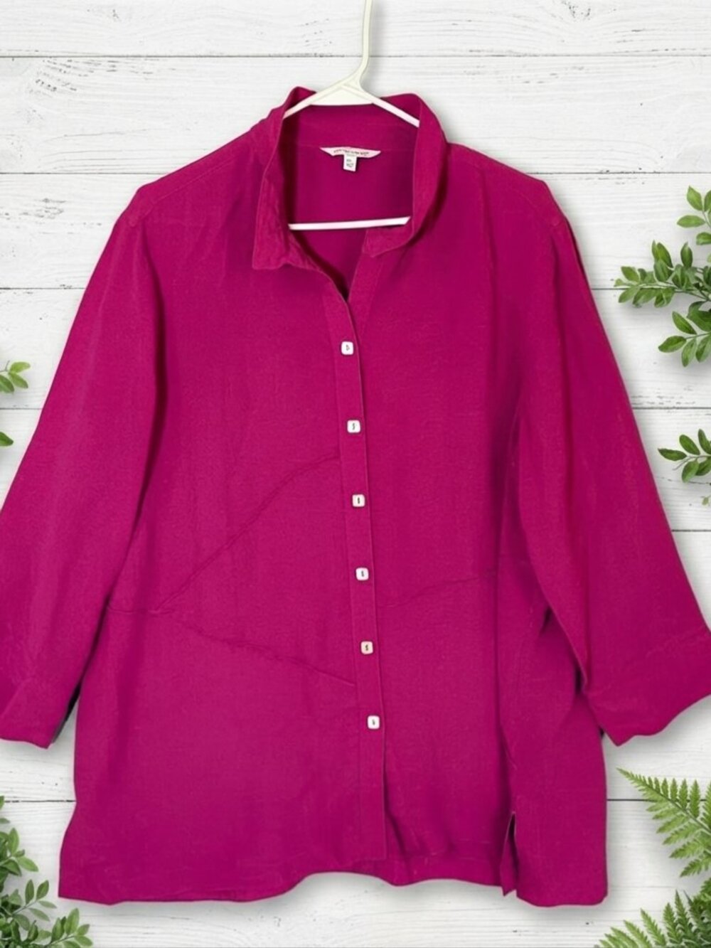 John Mark Womens XL Tunic Blouse Fuchsia Pink Lagenlook Wire Collar Buttons